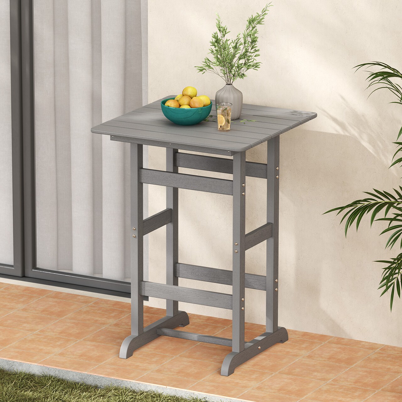 Modern 30 Inch Square Bar Table with Slatted Design for Poolside and Balcony